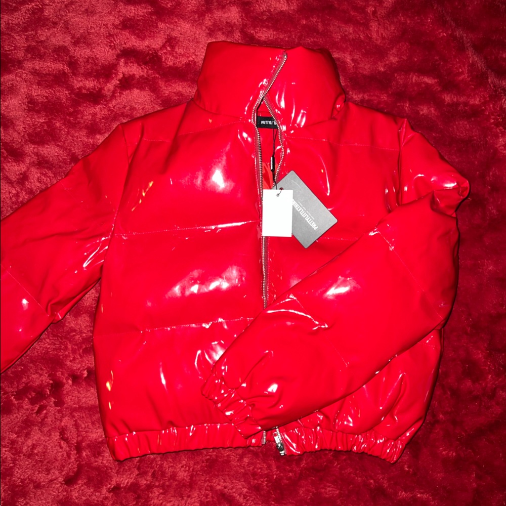 Patent red puffer jacket